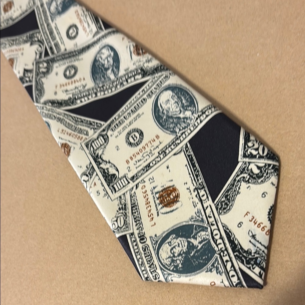 Mercedes hand made high fashion Black and Cream Money Currency Print Tie